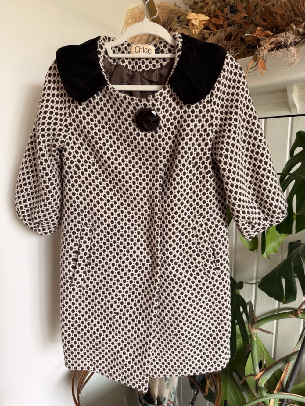Chloé Black and White Textured Coat with Velvet Collar